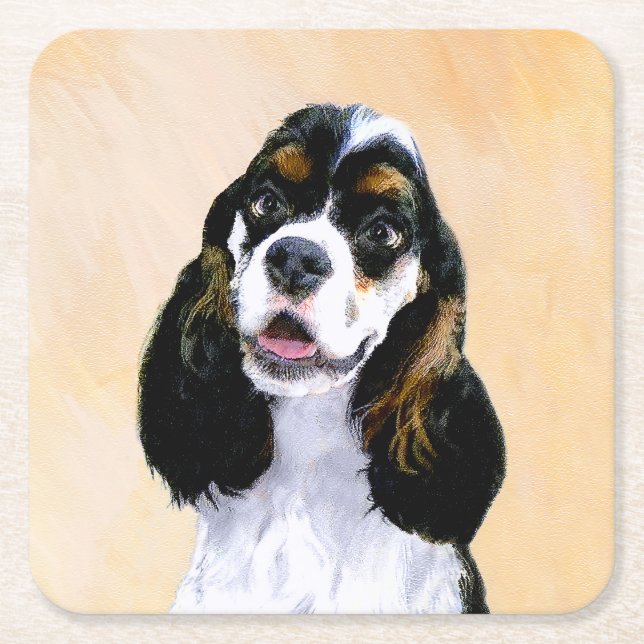 Posavasos Cuadrado De Papel Pintura de Cocker Spaniel (Parti) - Original Perro (Anverso)