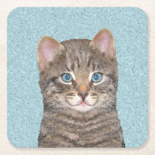 Posavasos Cuadrado De Papel Pintura de gatos en la mesa gris - Arte de gatos o