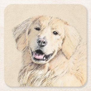 Posavasos Cuadrado De Papel Pintura de Golden Retriever - Cute original Dog Ar