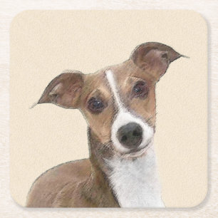 Posavasos Cuadrado De Papel Pintura de Greyhound italiana - Arte Perro Origina