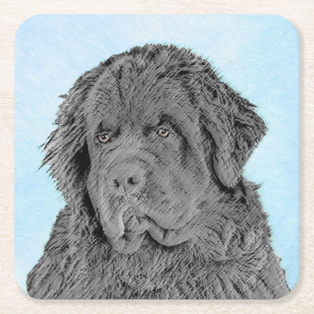Posavasos Cuadrado De Papel Pintura de Newfoundland - Cute original Dog Art (Anverso)