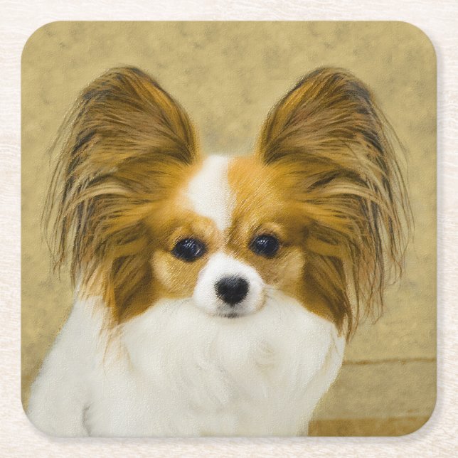 Posavasos Cuadrado De Papel Pintura de Papillon (Hound Tri) - Arte original de (Anverso)