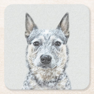Posavasos Cuadrado De Papel Pintura de perro de ganado australiano - Arte orig