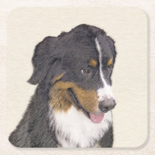 Posavasos Cuadrado De Papel Pintura de perro de montaña de Bernese - Arte de p