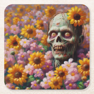 Posavasos Cuadrado De Papel Pintura de petróleo de zombies en Halloween, campo
