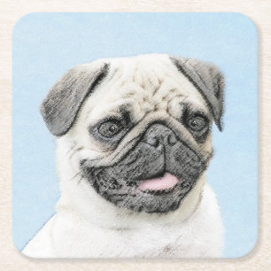 Posavasos Cuadrado De Papel Pintura de pug - Arte de perro original lindo