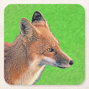 Posavasos Cuadrado De Papel Pintura de Red Fox - Arte de vida salvaje original