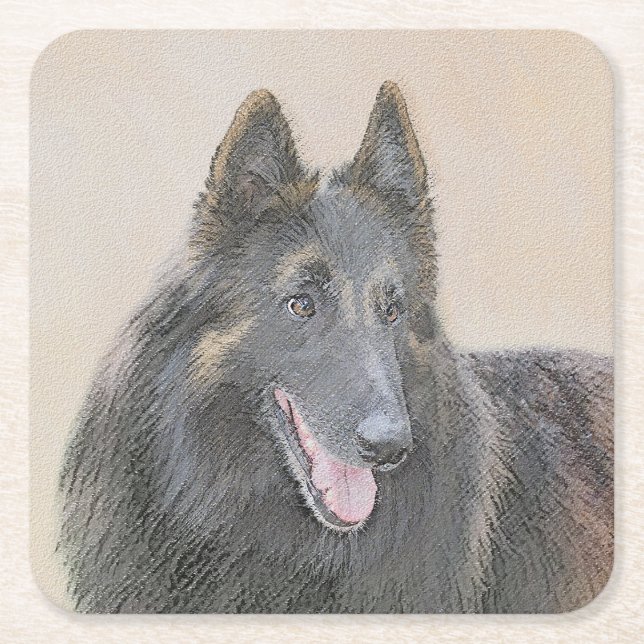 Posavasos Cuadrado De Papel Pintura de Tervuren belga - Arte de perro original (Anverso)