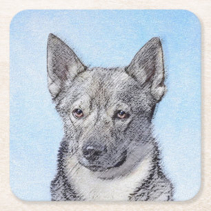 Posavasos Cuadrado De Papel Pintura de Vallhund Sueca - Arte Perro Original Cu
