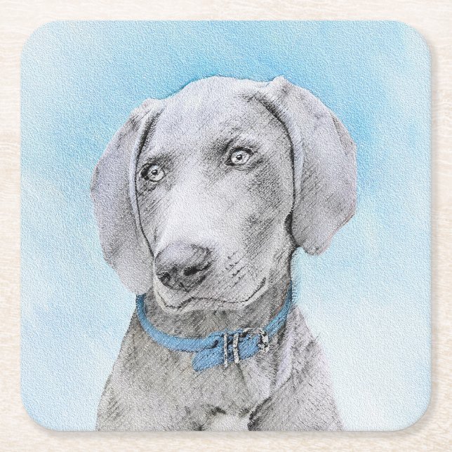 Posavasos Cuadrado De Papel Pintura de Weimaraner - Arte de Perro Original. (Anverso)