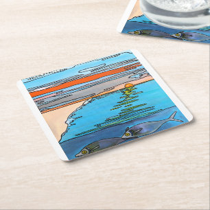 Posavasos Cuadrado De Papel Pintura del amanecer en el océano de 8 bits por Al