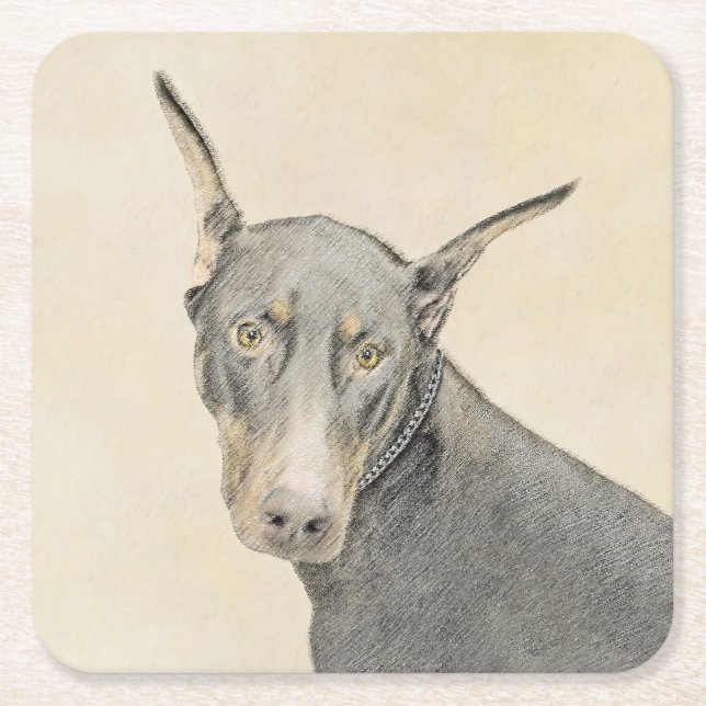 Posavasos Cuadrado De Papel Pintura Doberman Pinscher - Original Dog Art (Anverso)
