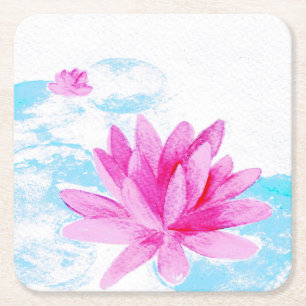 Posavasos Cuadrado De Papel Pintura en Acuarela de Flor de Loto Rosa