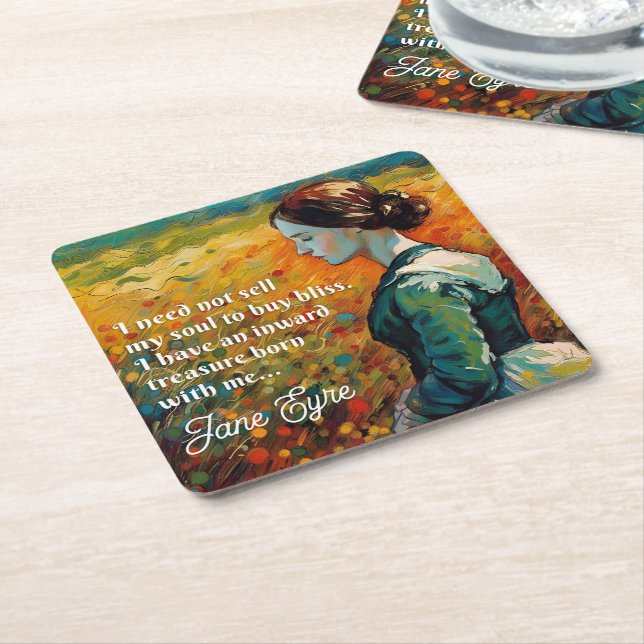 Posavasos Cuadrado De Papel Pintura estilo monet de la cita de Jane Eyre (En perspectiva)