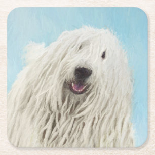 Posavasos Cuadrado De Papel Pintura Komondor - Arte Perro Original Cuto