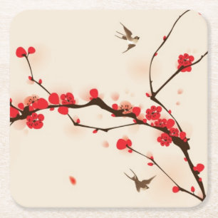 Posavasos Cuadrado De Papel Pintura oriental del estilo, flor del ciruelo en