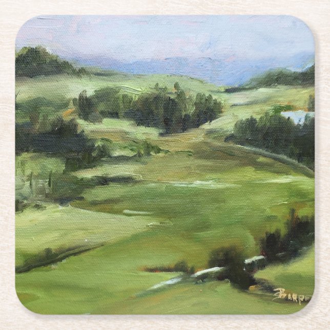 Posavasos Cuadrado De Papel Pintura original de los campos verdes de colinas (Anverso)