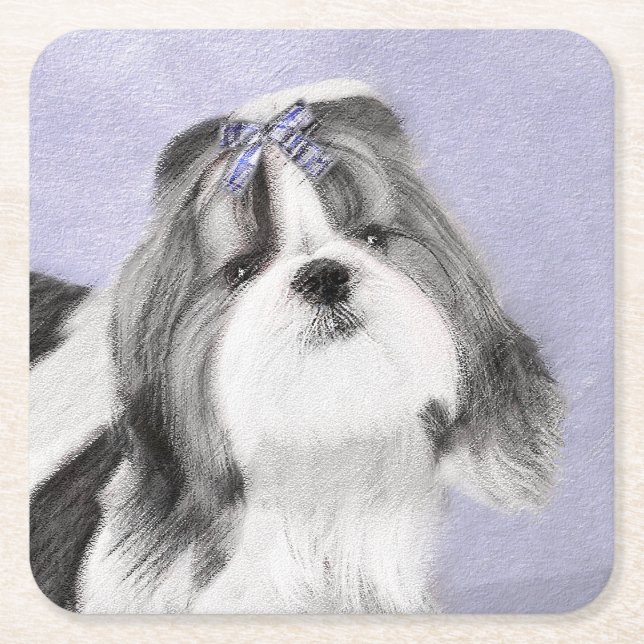 Posavasos Cuadrado De Papel Pintura Shih Tzu - Arte Perro Original. (Anverso)