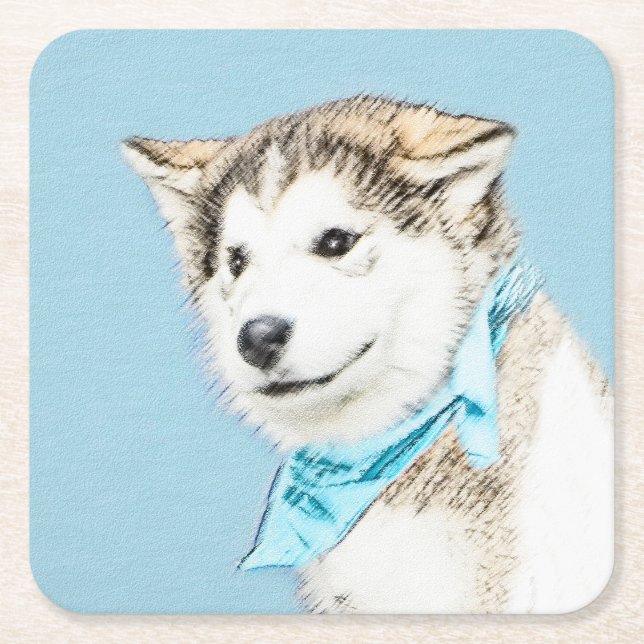 Posavasos Cuadrado De Papel Pintura siberiana Husky de pipa - Arte original de (Anverso)