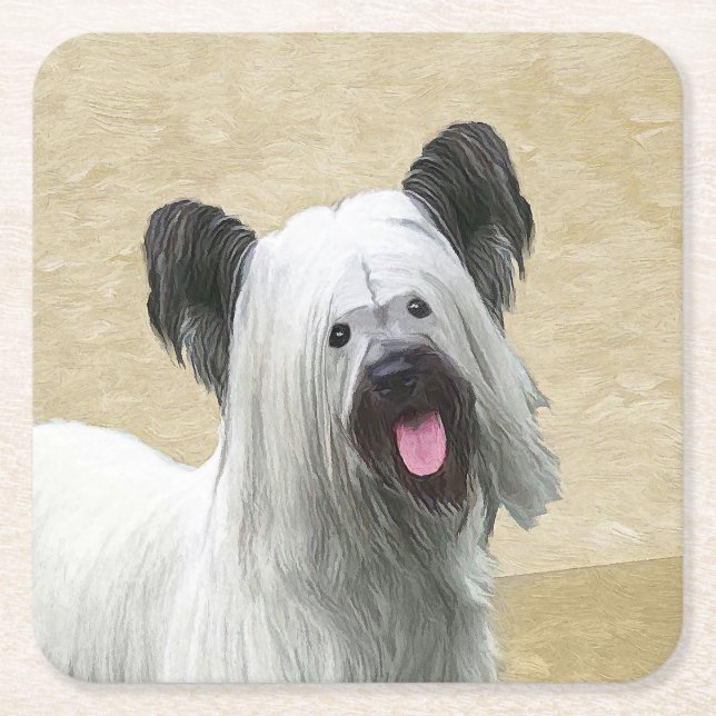 Posavasos Cuadrado De Papel Pintura Skye Terrier - Arte Perro Original. (Anverso)
