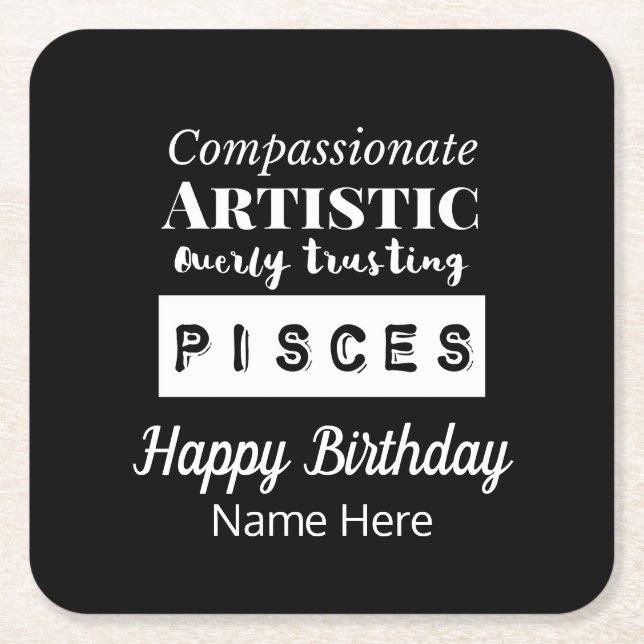 Posavasos Cuadrado De Papel Pisces Zodiac Características del Divertido Cumple (Anverso)