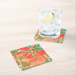 Posavasos Cuadrado De Papel PixDezines Vintage Hawaiano Playa/Coral/Verde Turq