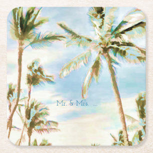 Posavasos Cuadrado De Papel PixDezines Vintage Hawaiian Beach/Coral/Blue