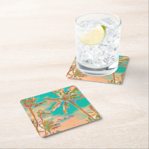 Posavasos Cuadrado De Papel PixDezines Vintage Playa Hawaiana/Verde Aguamarina