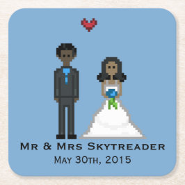 Posavasos Cuadrado De Papel Pixel Gamer Bride y Groom Boda Coaster
