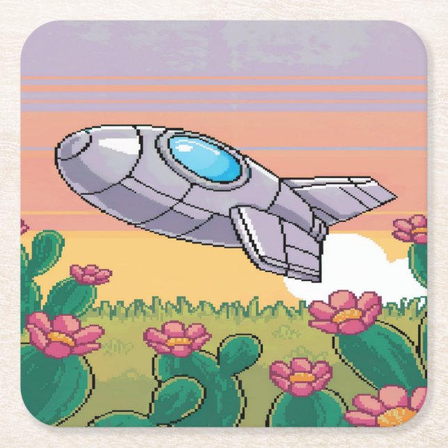 Posavasos Cuadrado De Papel Pixel Spaceship Cactus Coaster Set (Anverso)
