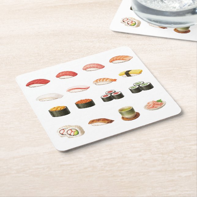 Posavasos Cuadrado De Papel Pixel Sushi Coaster – Japanese Food Design (En perspectiva)