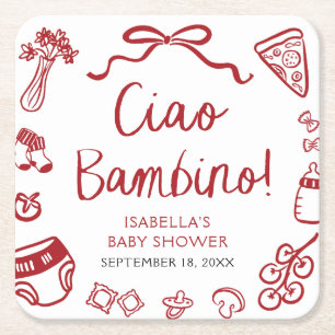 Posavasos Cuadrado De Papel Pizza Ciao Bambino Baby Shower de mano de mano ita