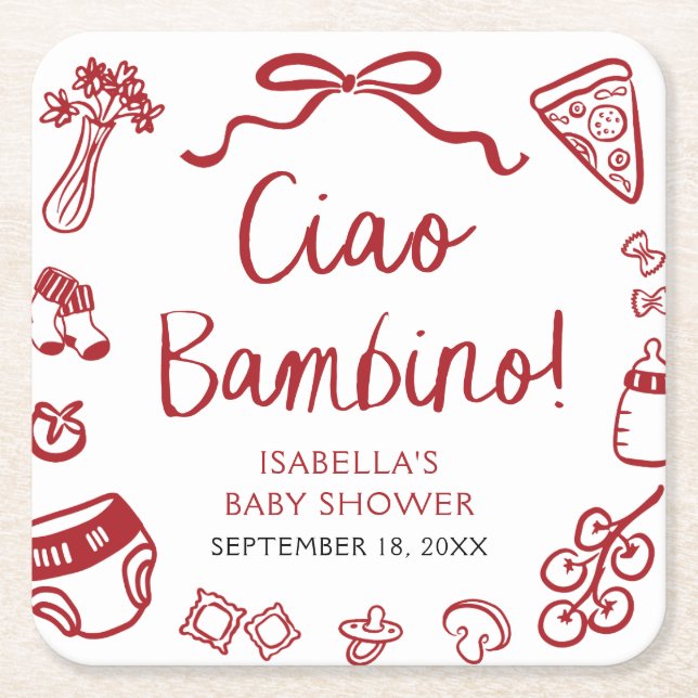 Posavasos Cuadrado De Papel Pizza Ciao Bambino Baby Shower de mano de mano ita (Anverso)