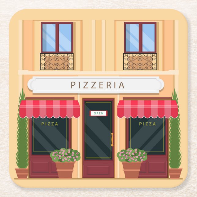 Posavasos Cuadrado De Papel Pizzería italiana abierta por negocios (Anverso)