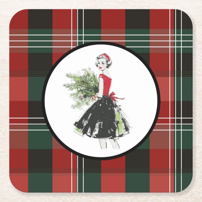 Posavasos Cuadrado De Papel Plaid Christmas Coaster  (Anverso)