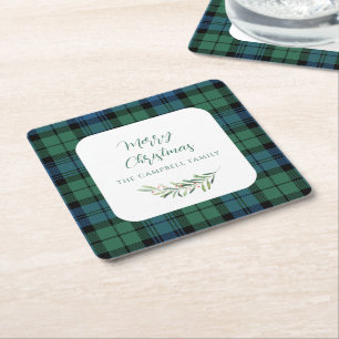 Posavasos Cuadrado De Papel Plaid Green Check Navidades Holiday Tartán