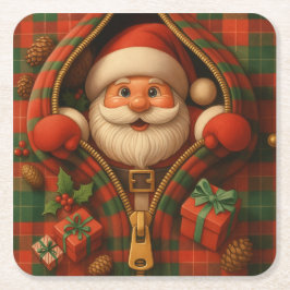 Posavasos Cuadrado De Papel Plaid Santa Claus Christmas Design