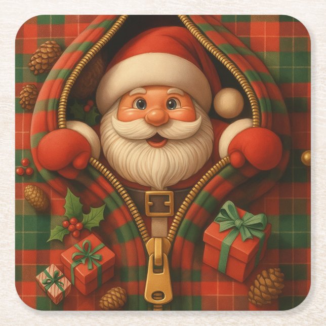 Posavasos Cuadrado De Papel Plaid Santa Claus Christmas Design  (Anverso)