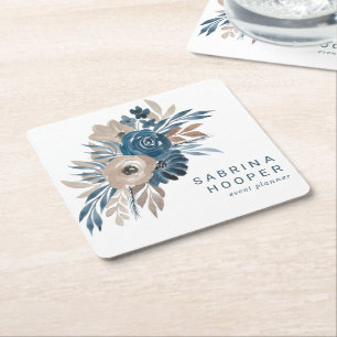 Posavasos Cuadrado De Papel Planificador de Eventos Floral Acuarela Índigo Bei