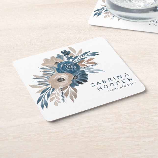 Posavasos Cuadrado De Papel Planificador de Eventos Floral Acuarela Índigo Bei (En perspectiva)