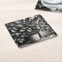 Planta de cacerolas a escala de grises con hojas e