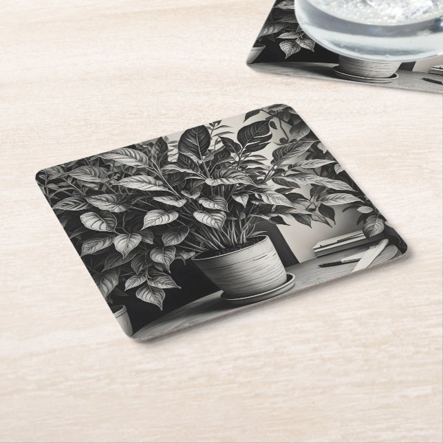 Posavasos Cuadrado De Papel Planta de cacerolas a escala de grises con hojas e (En perspectiva)