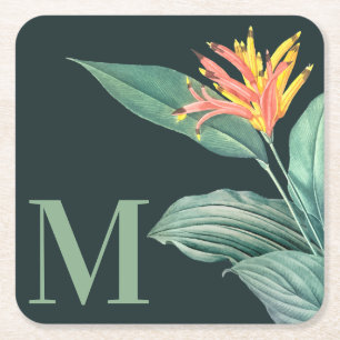 Posavasos Cuadrado De Papel Planta de Flores Tropicales en el Monogramo Verde