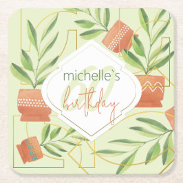 Posavasos Cuadrado De Papel Plantas Frescas En Cuencas De Cerámica Acuarela