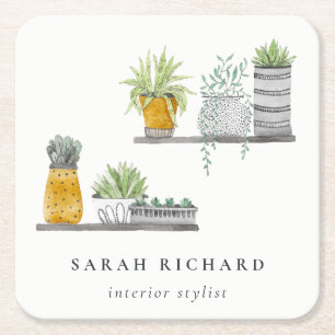 Posavasos Cuadrado De Papel Plantas Pott House Watercolor Botánico