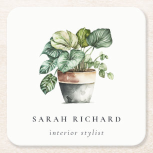 Posavasos Cuadrado De Papel Plantas Potted Leafy House Watercolor Botánico