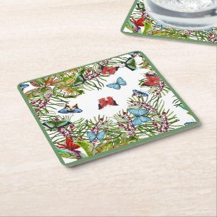 Posavasos Cuadrado De Papel Plantas tropicales Mariposas Berries Azul Rojo