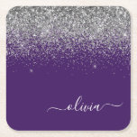 Posavasos Cuadrado De Papel Plata Purpurina Púrpura Girly Monograma Nombre<br><div class="desc">Láminas de papel de Monograma con Purpurina de guijarros morado y plateado. Esto hace que la graduación perfecta, el cumpleaños, el boda, la ducha de novia, el aniversario, la ducha de bebé o la fiesta de soltera sea un regalo para alguien que ama el lujo glam y los estilos de...</div>