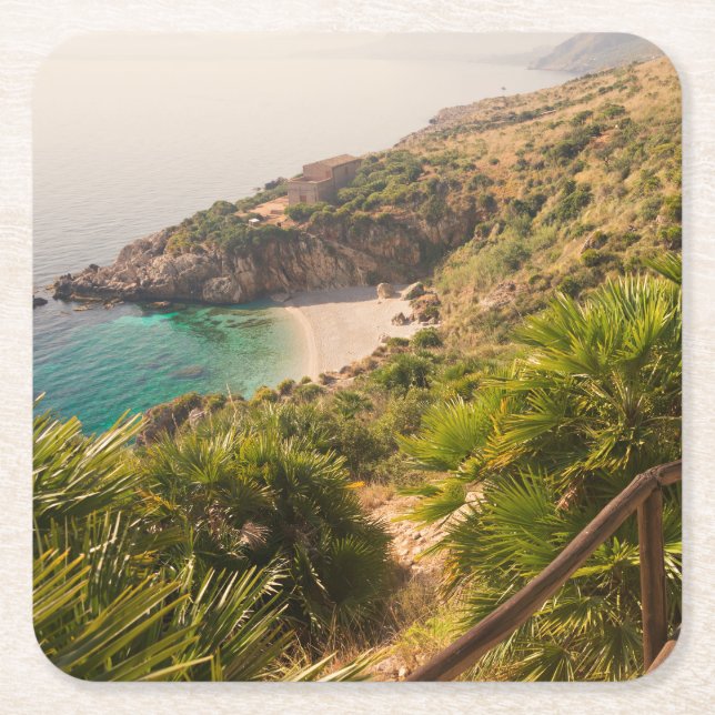 Posavasos Cuadrado De Papel Playa aislada en el cíngaro de Lo, Sicilia (Anverso)