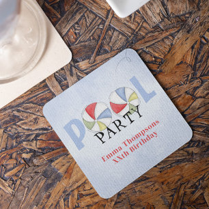 Posavasos Cuadrado De Papel Playa colorida Fiesta de la piscina de verano